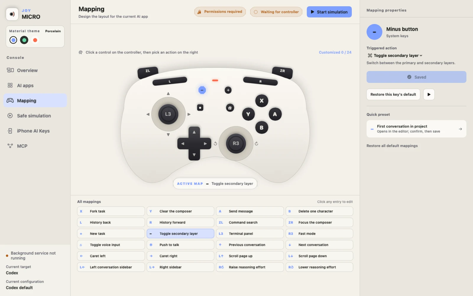 JoyMicro for Mac mapping page: the porcelain controller, all 24 control mappings and the mapping inspector